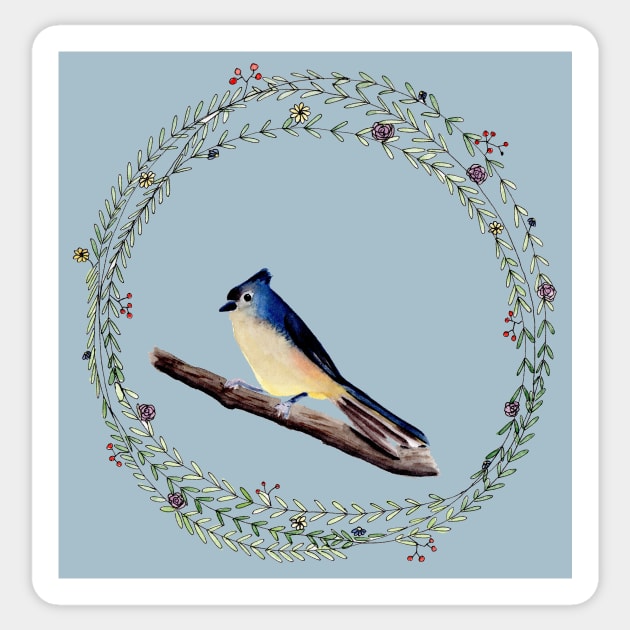 Little bird with wreath and egg blue background Sticker by Sandraartist